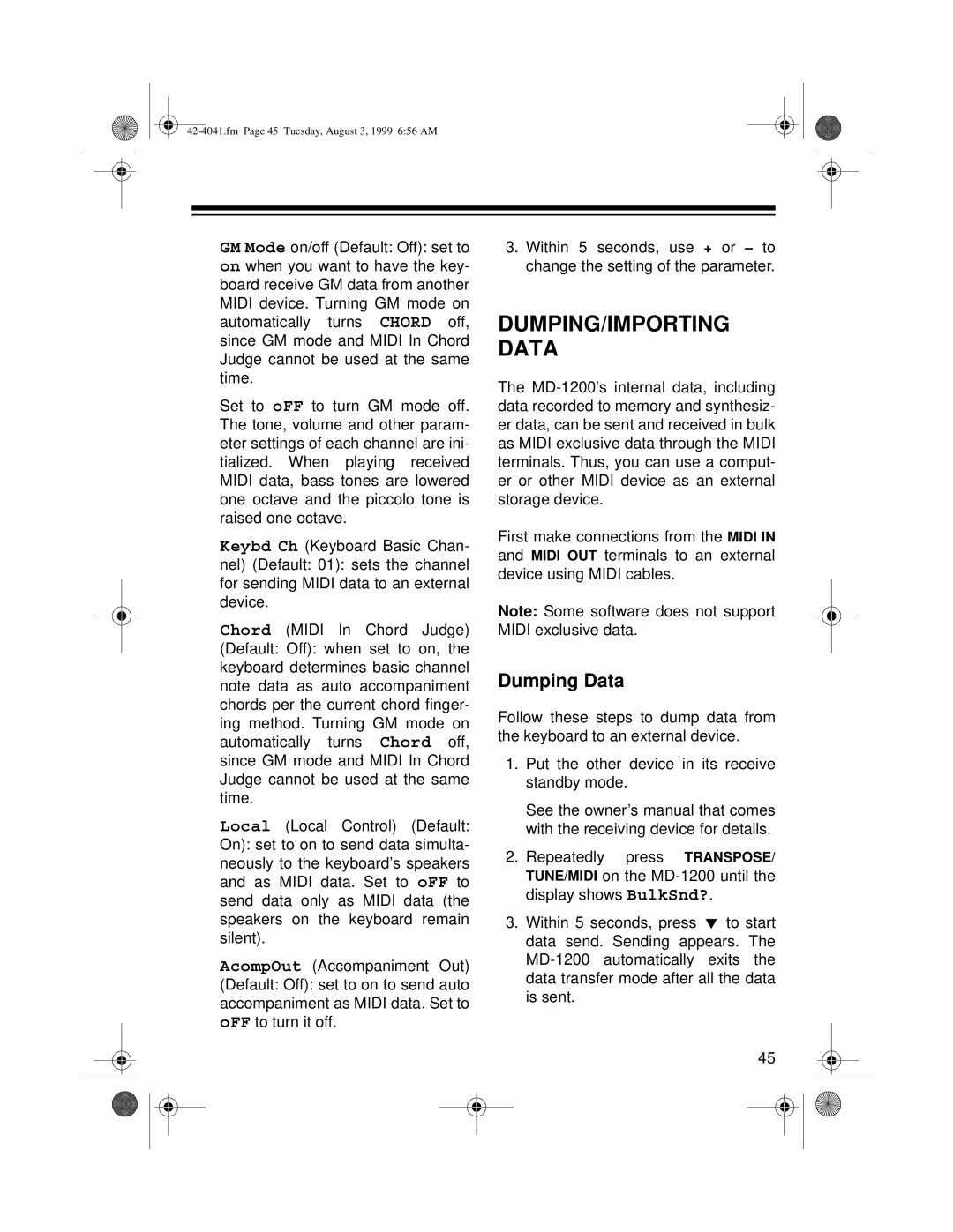 Optimus MD-1200 owner manual DUMPING/IMPORTING Data, Dumping Data 