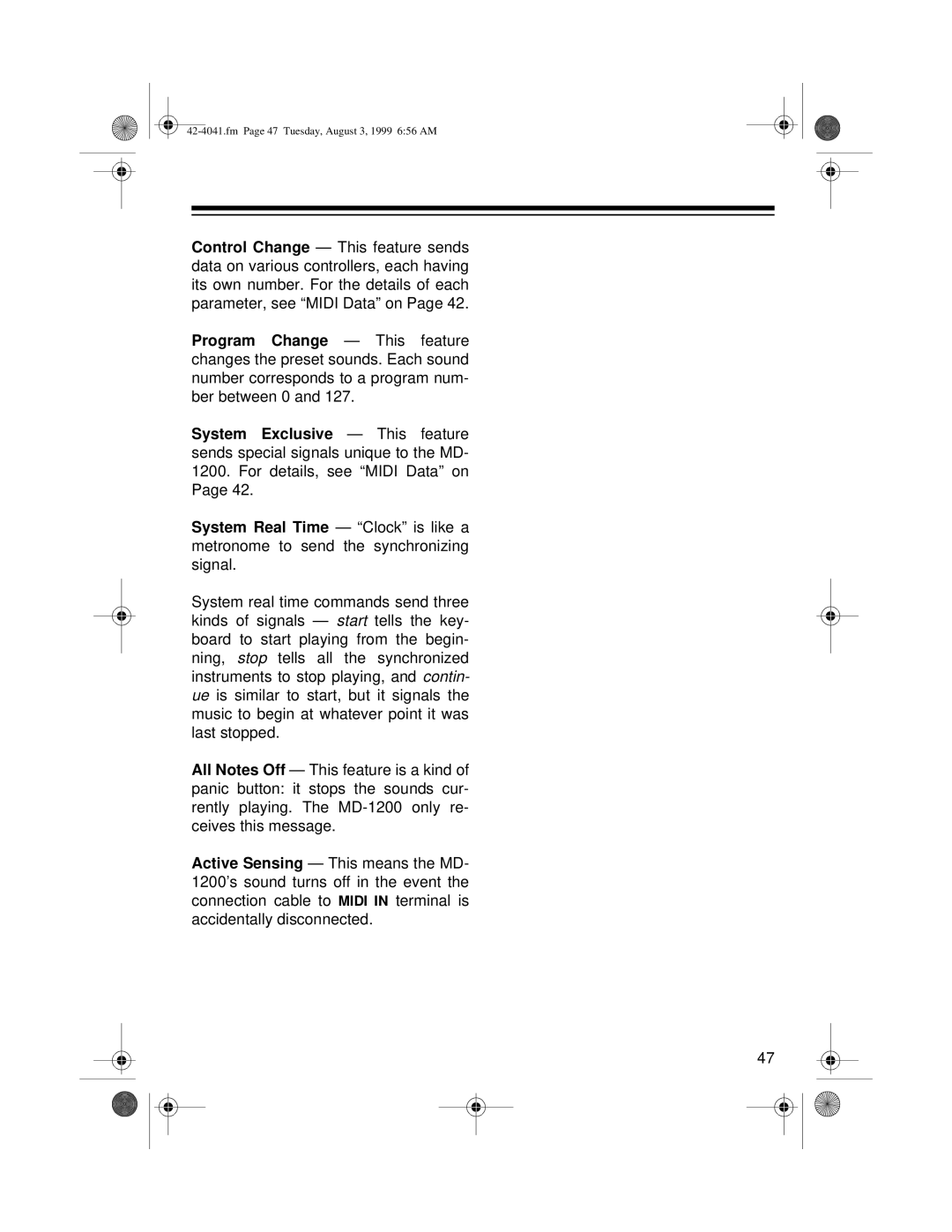 Optimus MD-1200 owner manual Fm Page 47 Tuesday, August 3, 1999 656 AM 