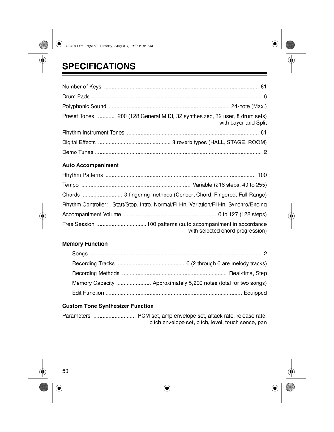 Optimus MD-1200 owner manual Specifications, Auto Accompaniment 