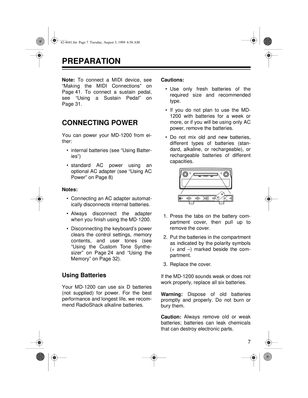 Optimus MD-1200 owner manual Preparation, Connecting Power, Using Batteries 