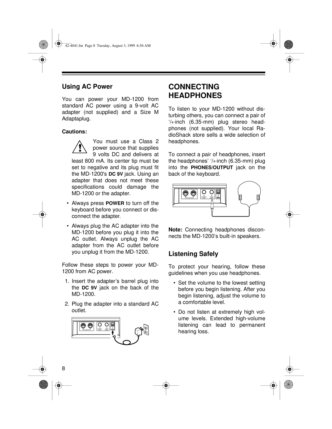 Optimus MD-1200 owner manual Connecting Headphones, Using AC Power, Listening Safely 