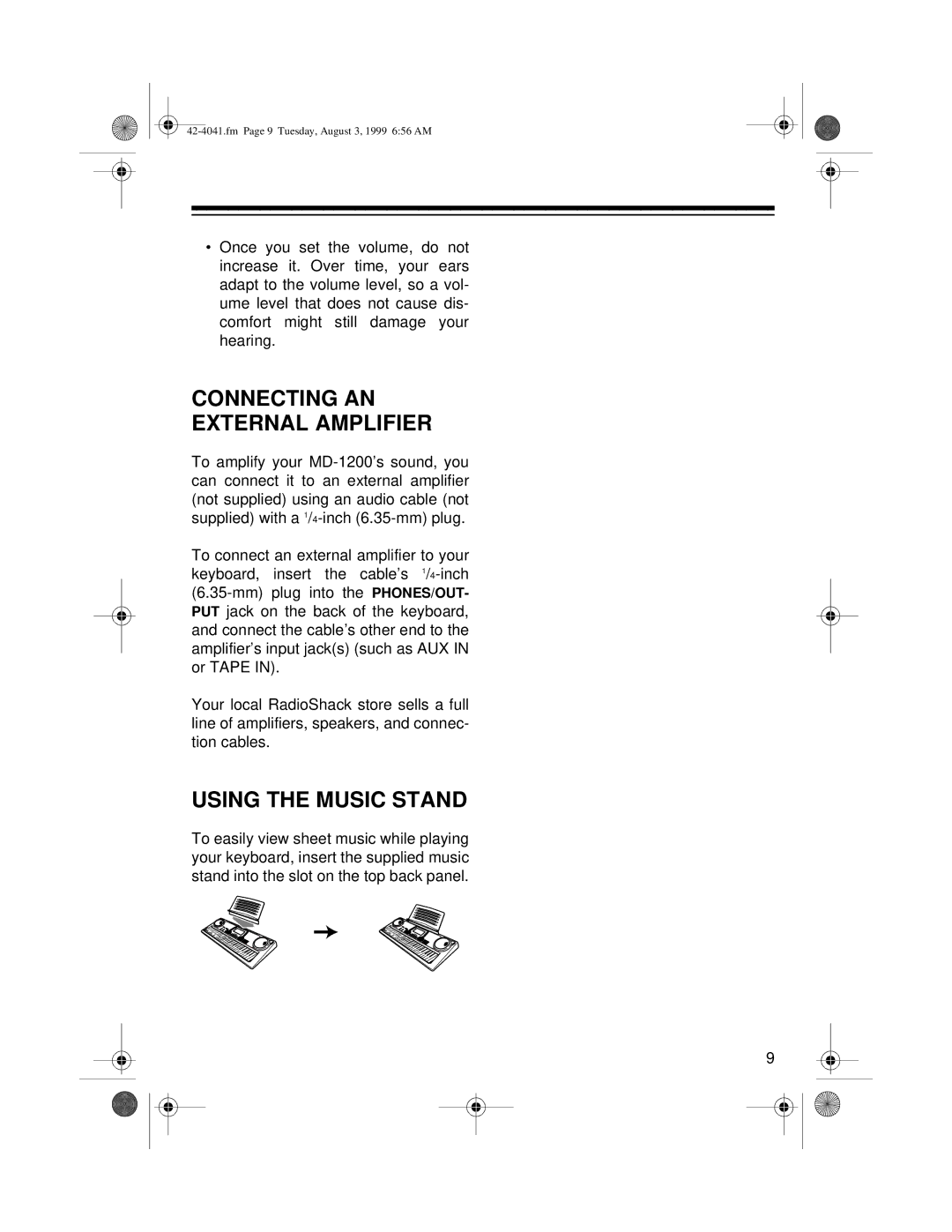 Optimus MD-1200 owner manual Connecting AN External Amplifier, Using the Music Stand 