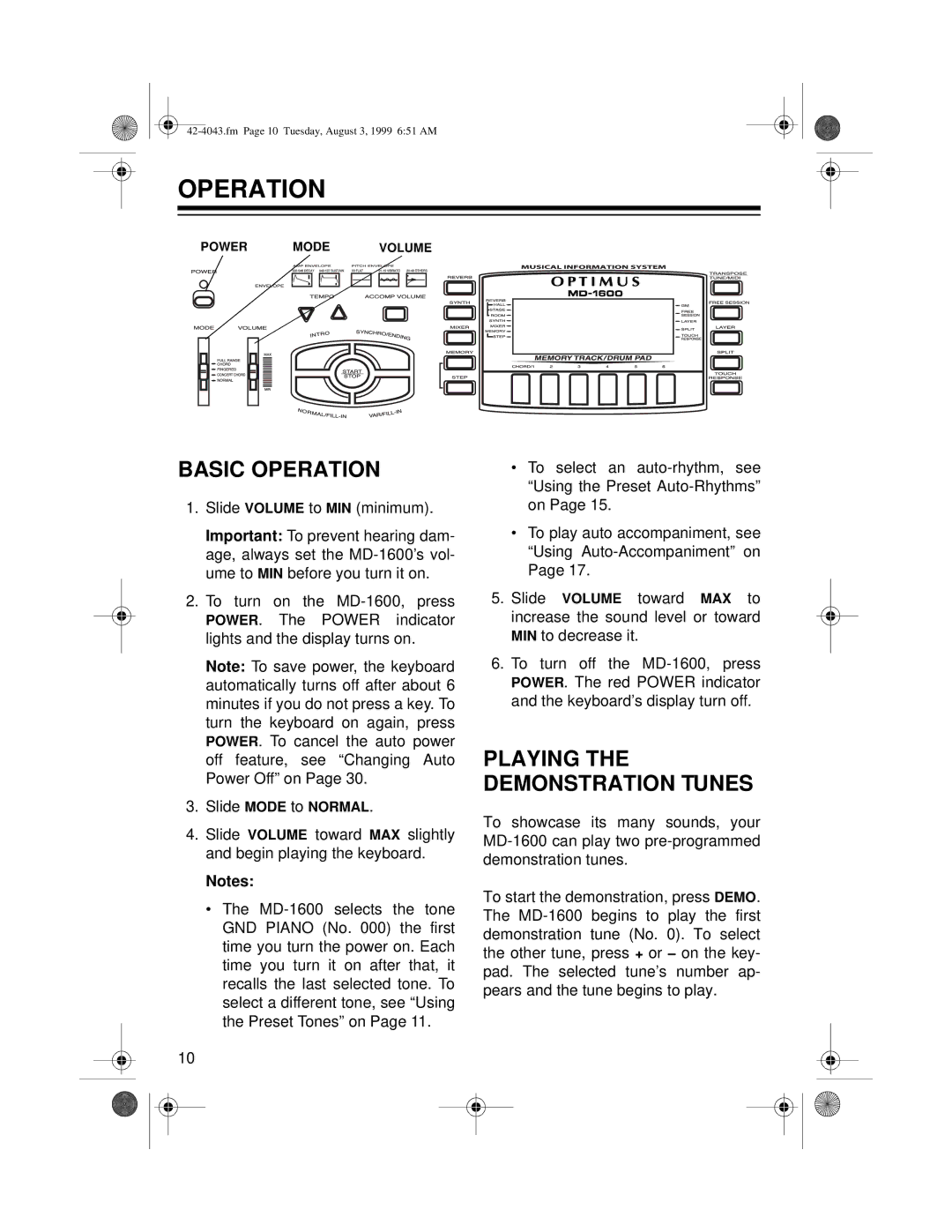 Optimus MD-1600 owner manual Basic Operation 