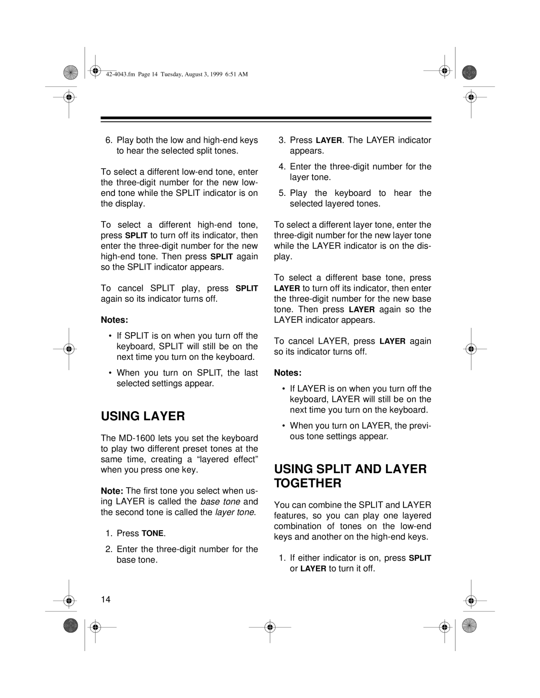 Optimus MD-1600 owner manual Using Layer, Using Split and Layer Together 