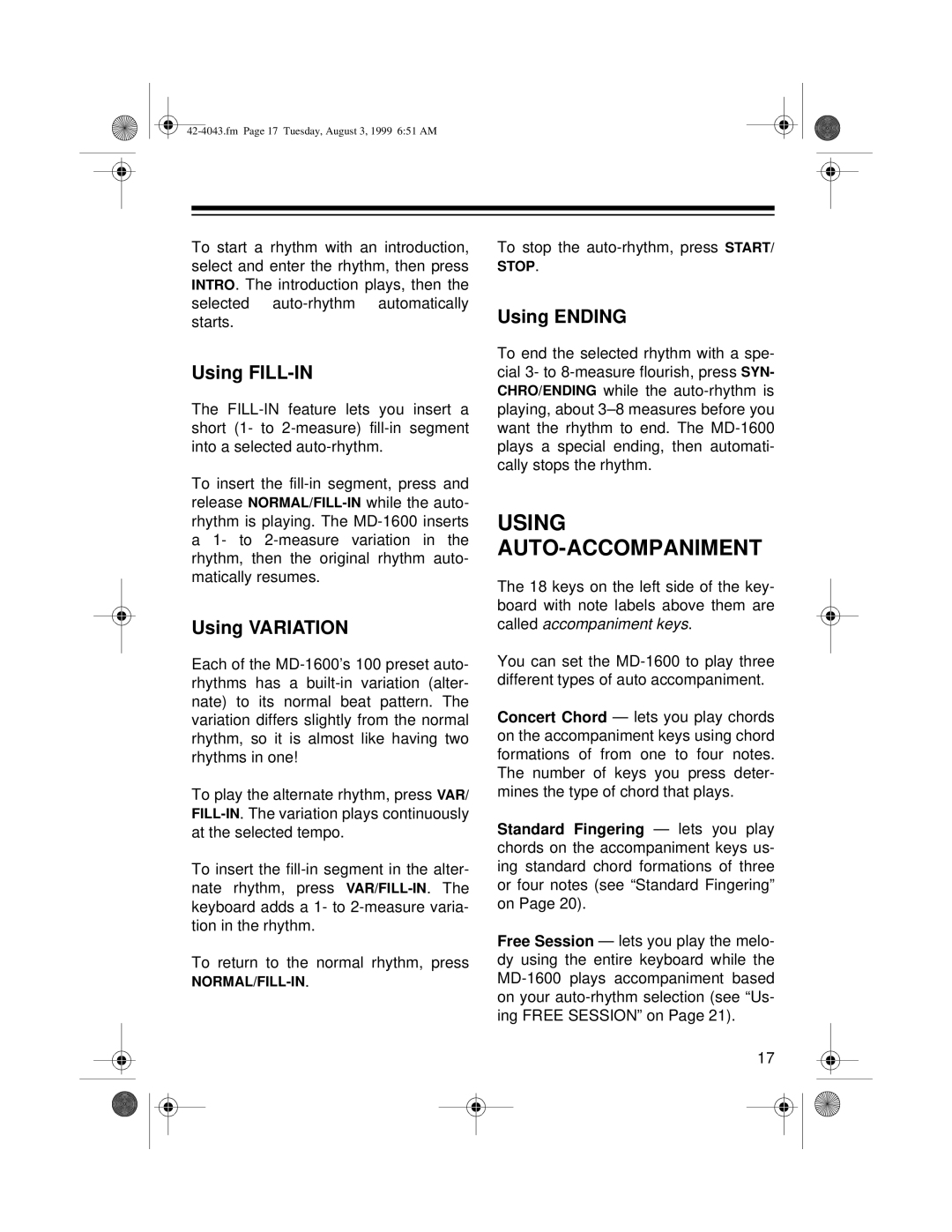 Optimus MD-1600 owner manual Using FILL-IN, Using Variation, Using Ending 