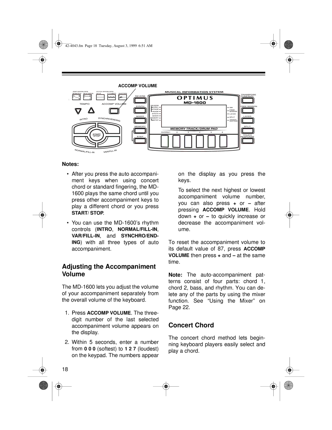 Optimus MD-1600 owner manual Adjusting the Accompaniment Volume, Concert Chord 