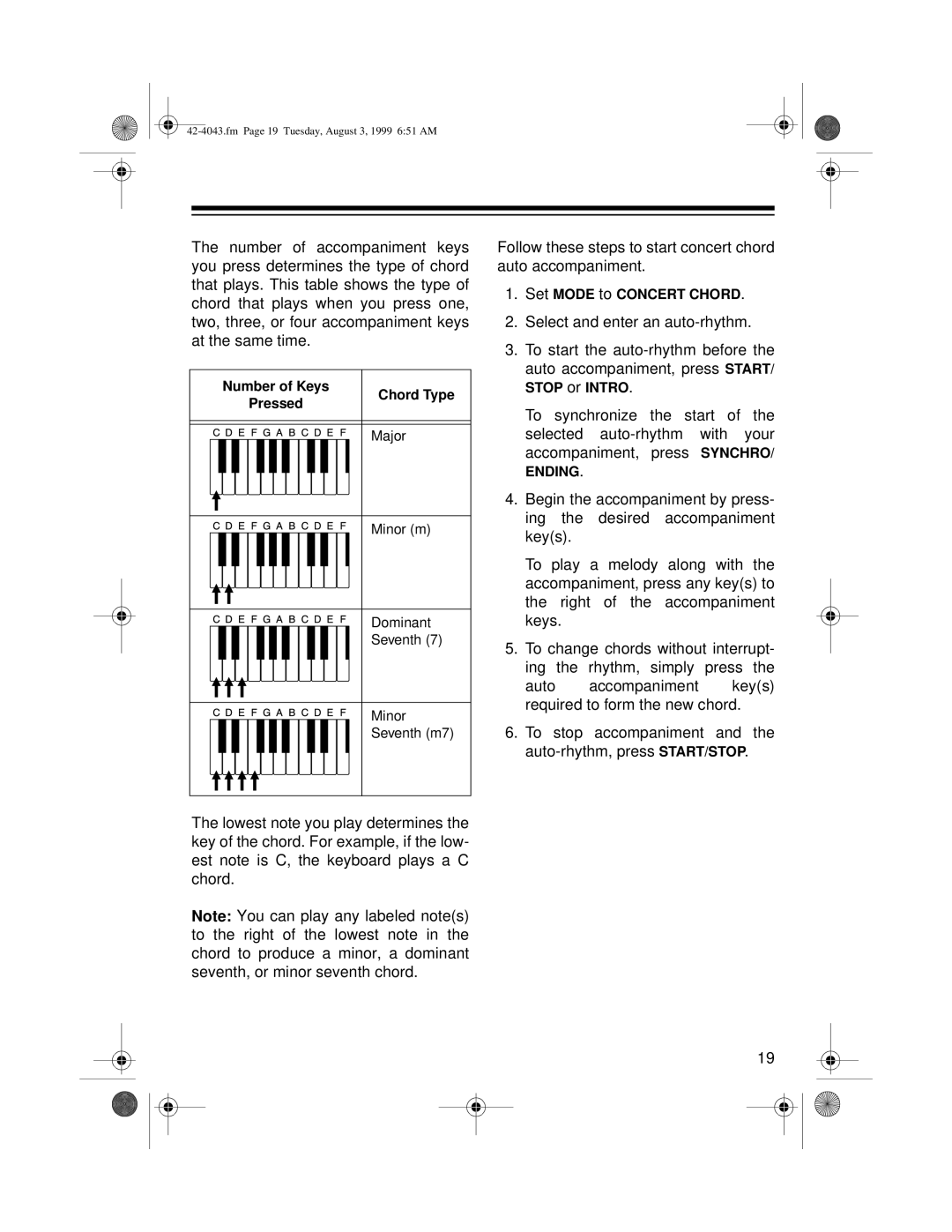 Optimus MD-1600 owner manual Follow these steps to start concert chord auto accompaniment 