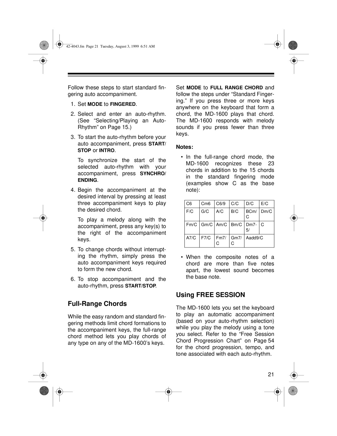 Optimus MD-1600 owner manual Full-Range Chords, Using Free Session 