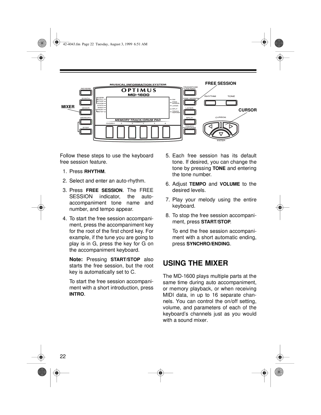 Optimus MD-1600 owner manual Using the Mixer 