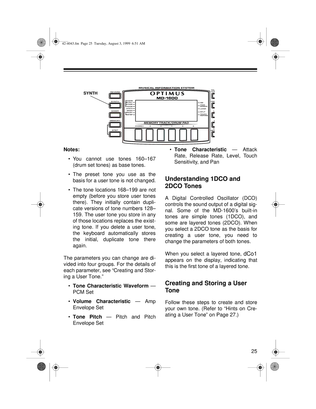 Optimus MD-1600 owner manual Understanding 1DCO and 2DCO Tones, Creating and Storing a User Tone 