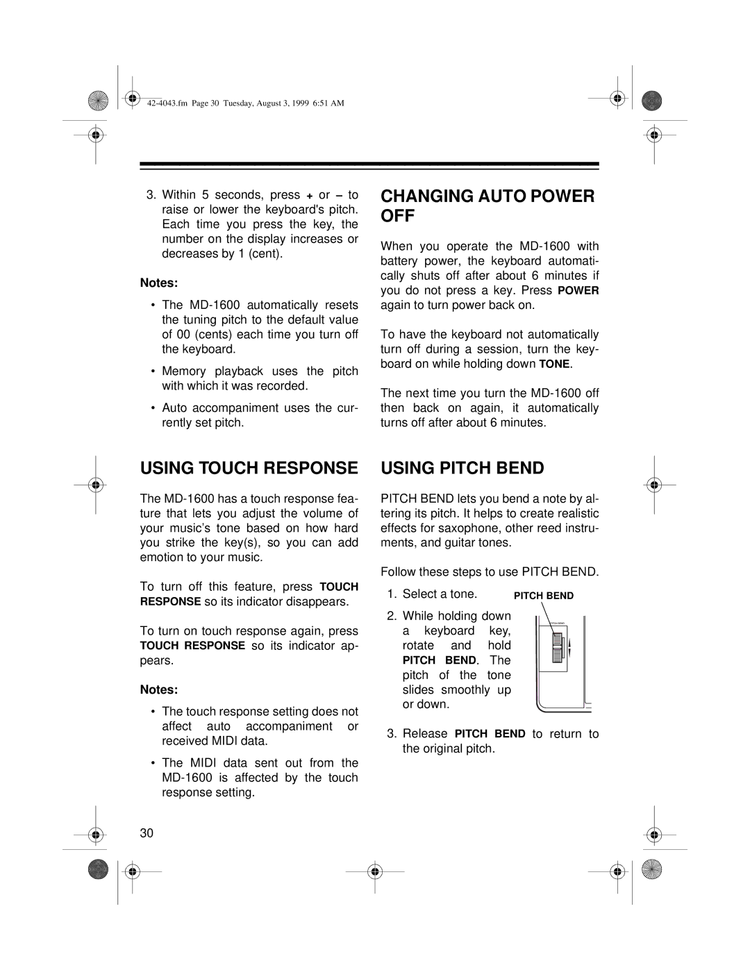 Optimus MD-1600 owner manual Changing Auto Power OFF, Using Touch Response, Using Pitch Bend 