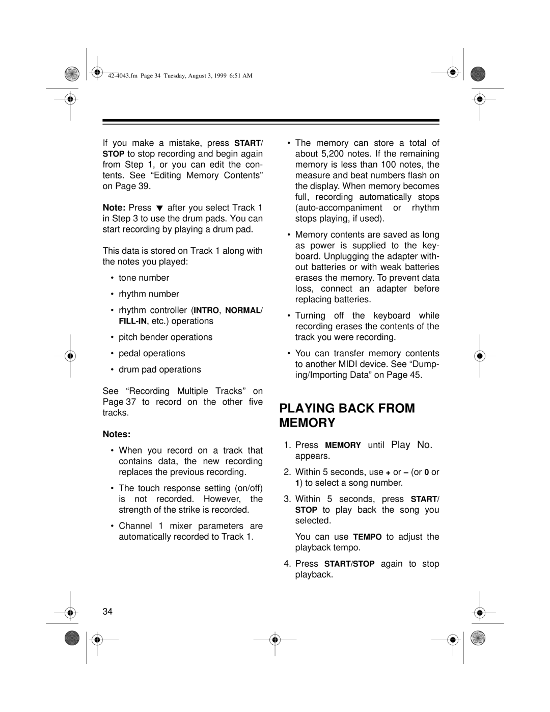 Optimus MD-1600 owner manual Playing Back from Memory 