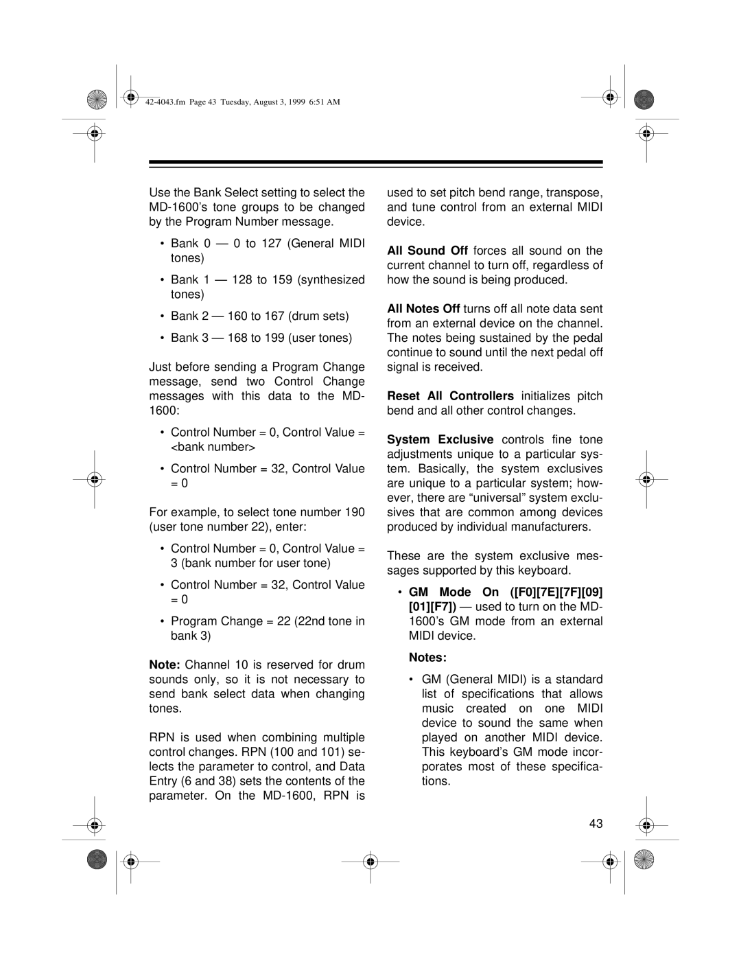 Optimus MD-1600 owner manual Fm Page 43 Tuesday, August 3, 1999 651 AM 