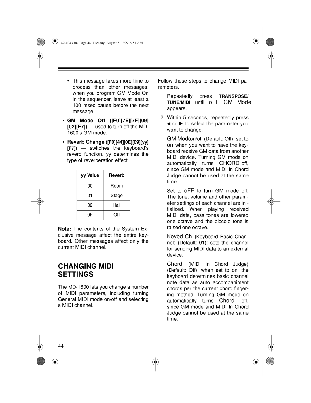 Optimus MD-1600 owner manual Changing Midi Settings 