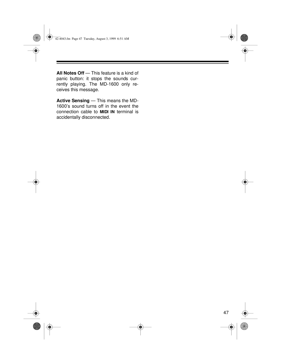 Optimus MD-1600 owner manual Fm Page 47 Tuesday, August 3, 1999 651 AM 