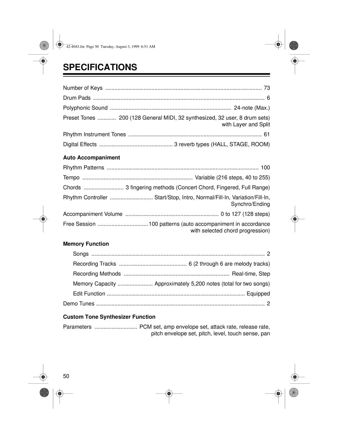 Optimus MD-1600 owner manual Specifications, Auto Accompaniment 