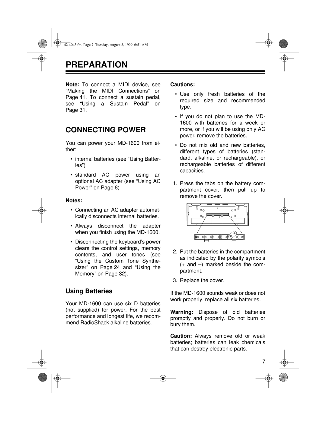 Optimus MD-1600 owner manual Preparation, Connecting Power, Using Batteries 