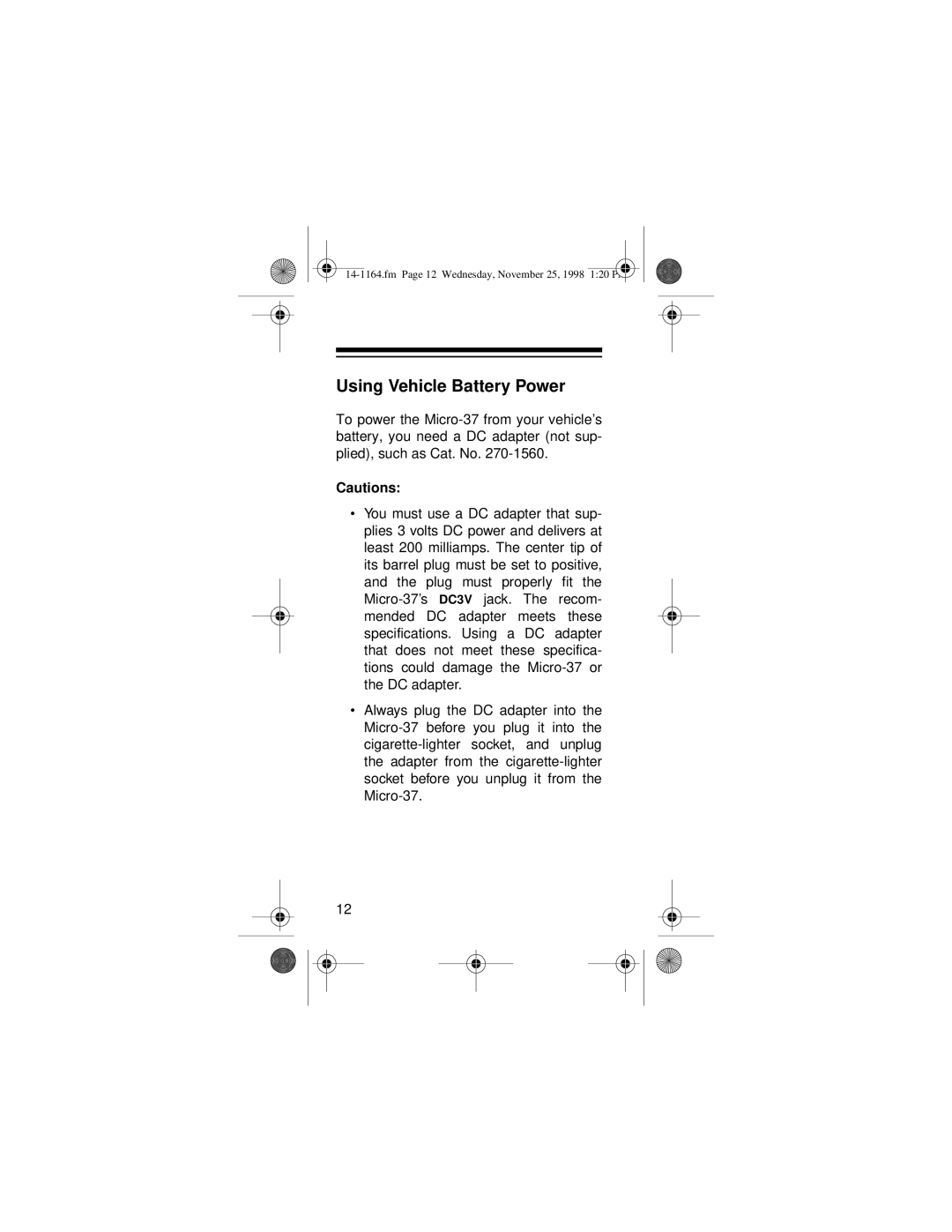 Optimus MICRO-37 owner manual Using Vehicle Battery Power 