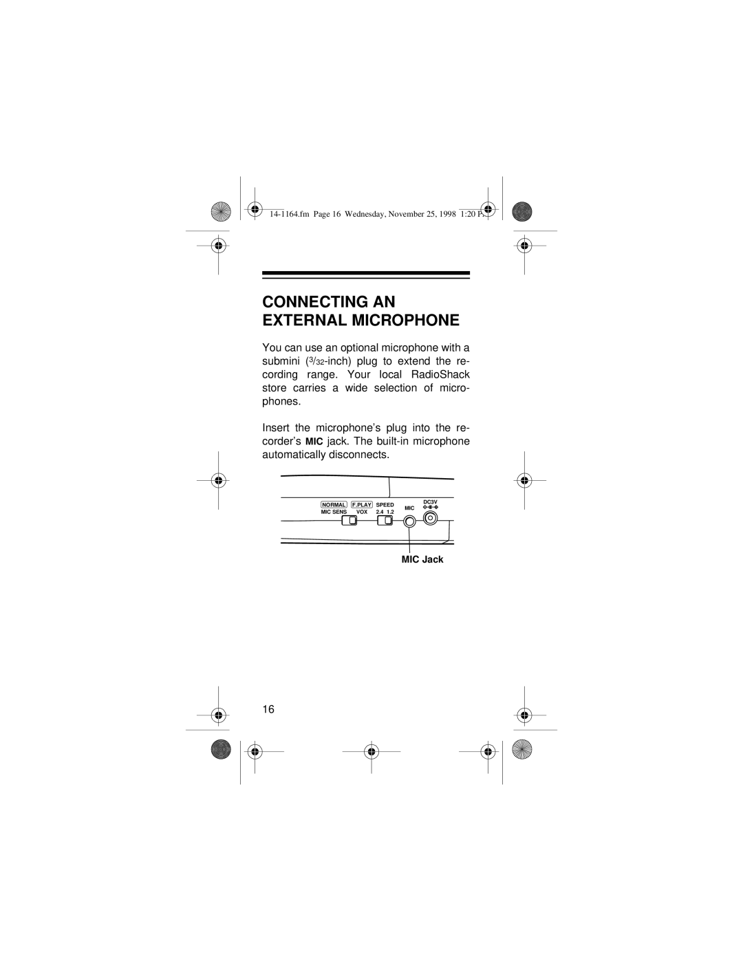 Optimus MICRO-37 owner manual Connecting AN External Microphone 