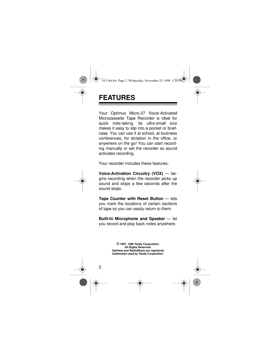 Optimus MICRO-37 owner manual Features 