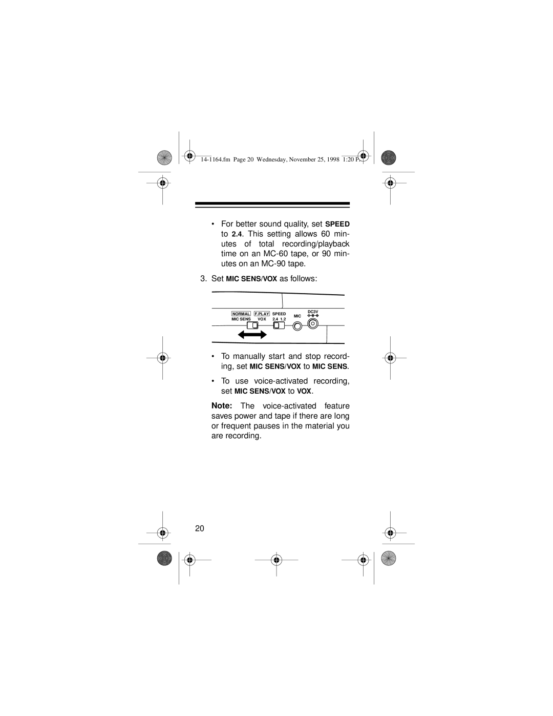 Optimus MICRO-37 owner manual Fm Page 20 Wednesday, November 25, 1998 