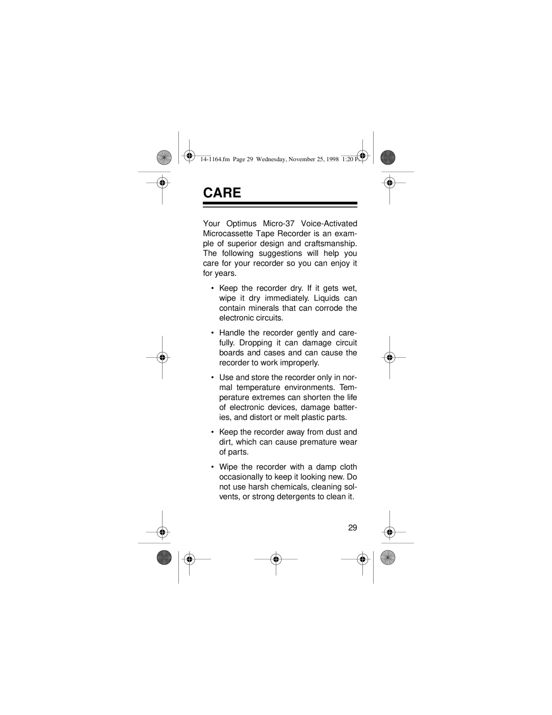 Optimus MICRO-37 owner manual Care 