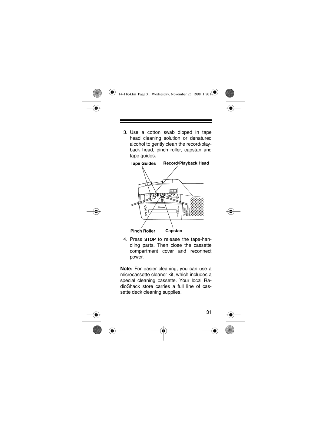 Optimus MICRO-37 owner manual Tape Guides Record/Playback Head 