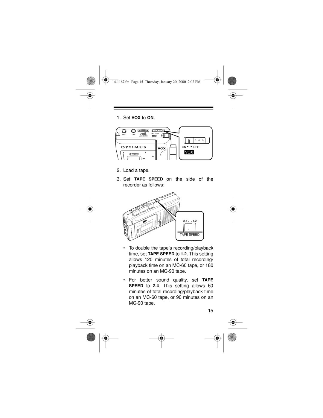 Optimus MICRO-39 owner manual Fm Page 15 Thursday, January 20, 2000 202 PM 