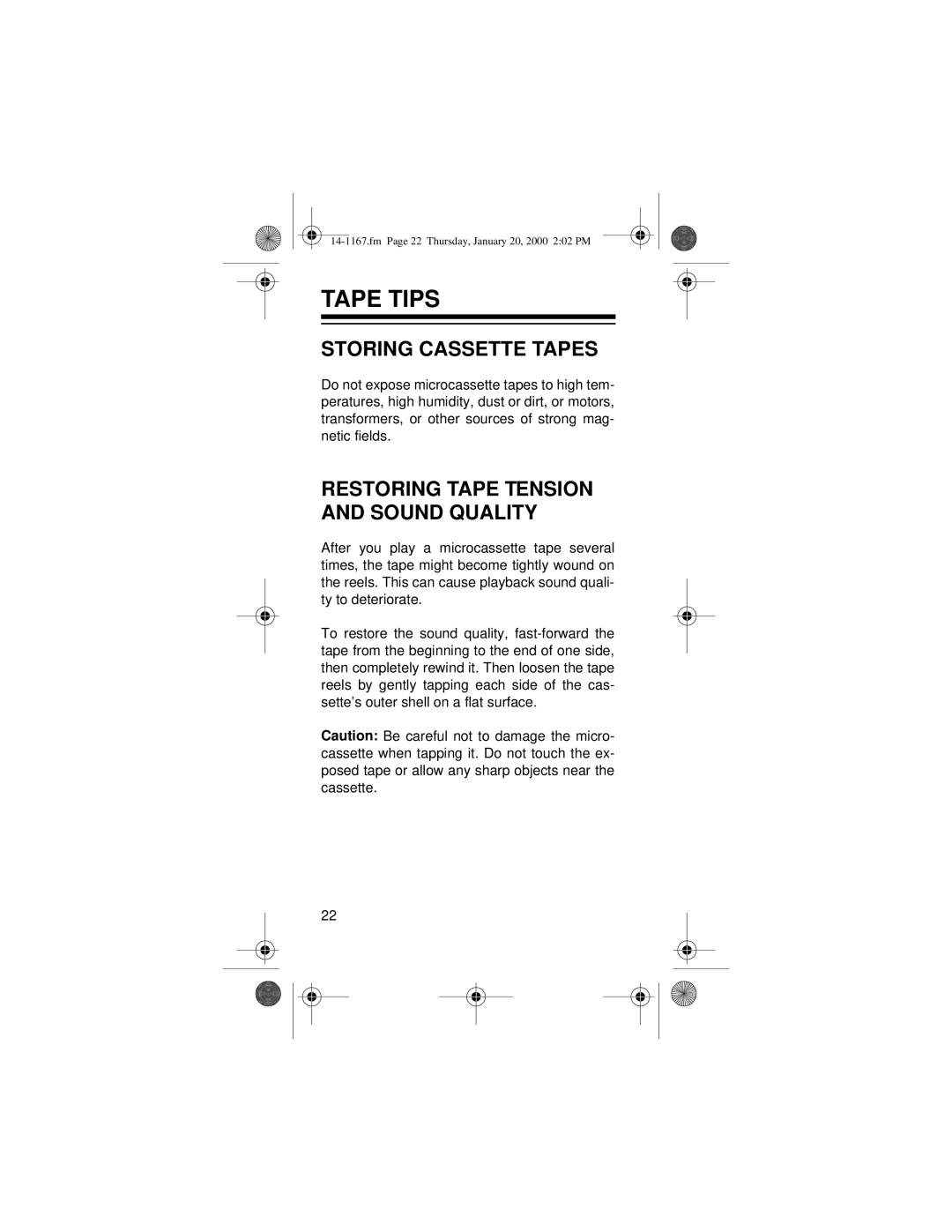 Optimus MICRO-39 owner manual Tape Tips, Storing Cassette Tapes, Restoring Tape Tension and Sound Quality 