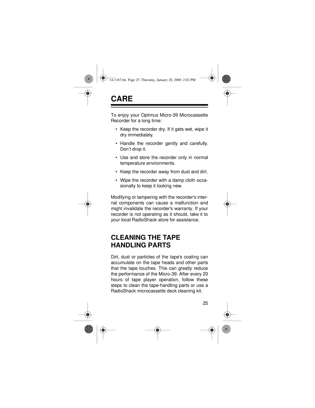 Optimus MICRO-39 owner manual Care, Cleaning the Tape Handling Parts 