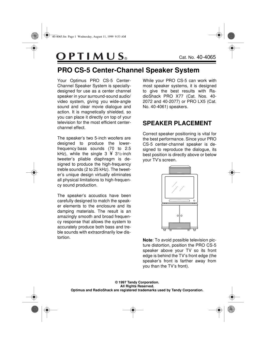 Optimus manual Speaker Placement, PRO CS-5 Center-ChannelSpeaker System 