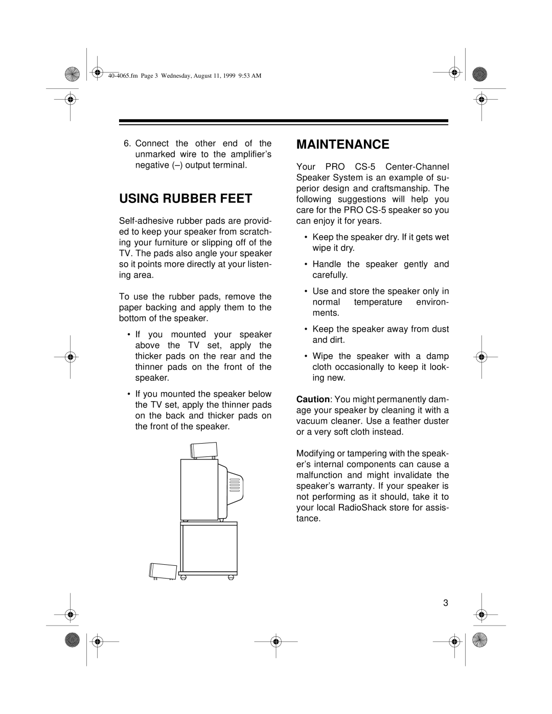 Optimus PRO CS-5 manual Using Rubber Feet, Maintenance 