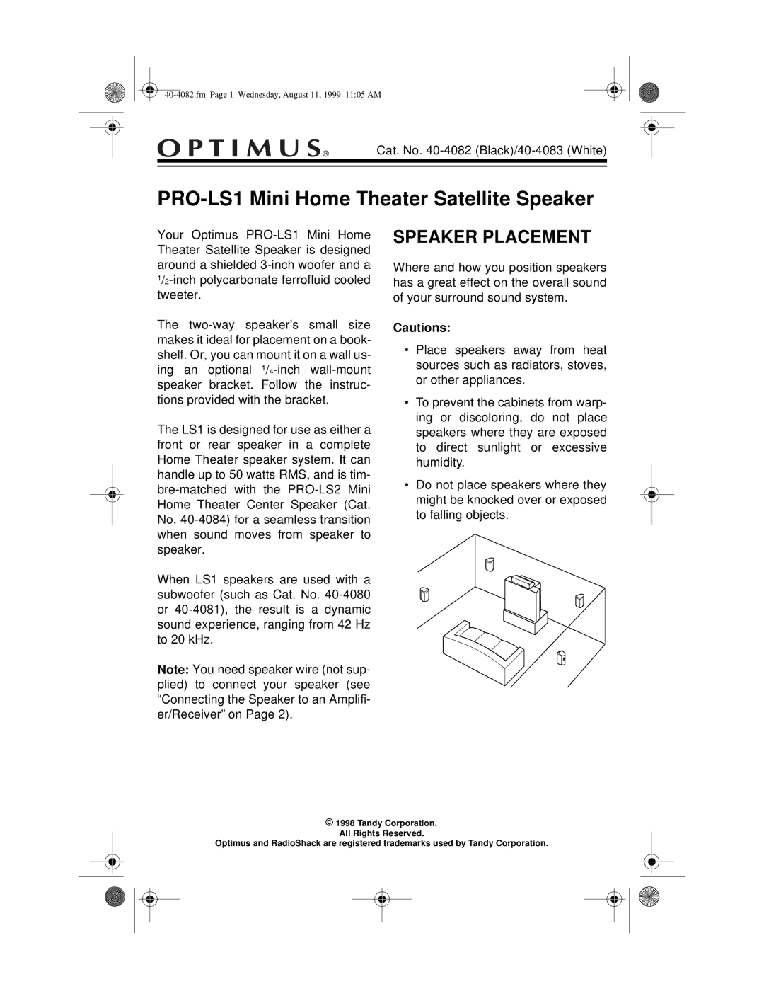 Optimus manual PRO-LS1 Mini Home Theater Satellite Speaker, Speaker Placement 