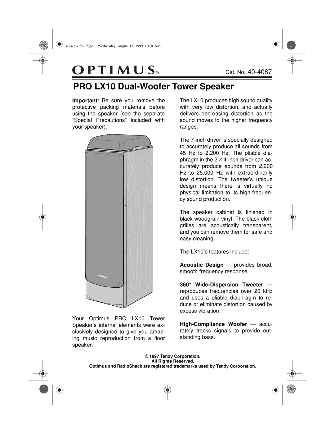 Optimus manual PRO LX10 Dual-Woofer Tower Speaker 