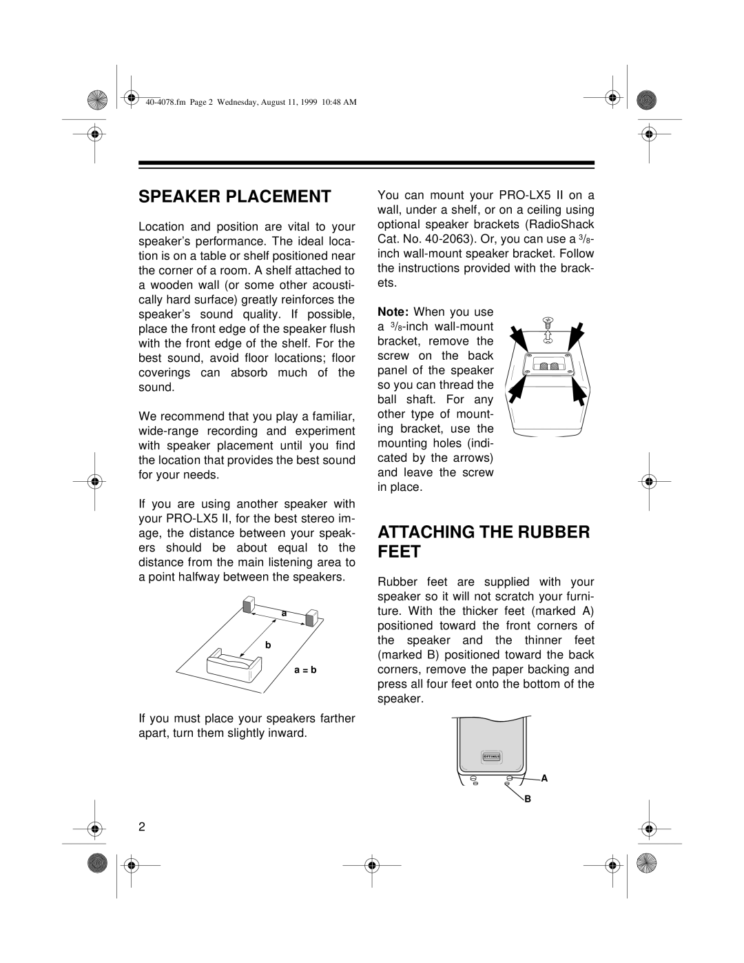 Optimus PRO LX5 II manual Speaker Placement, Attaching the Rubber Feet 