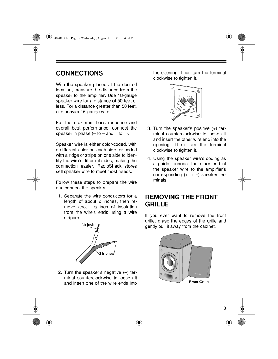 Optimus PRO LX5 II manual Connections, Removing the Front Grille 