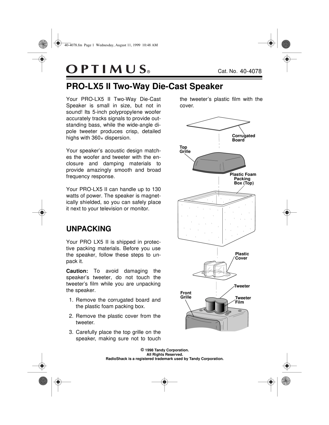 Optimus PRO LX5 II manual Unpacking, PRO-LX5II Two-Way Die-CastSpeaker 