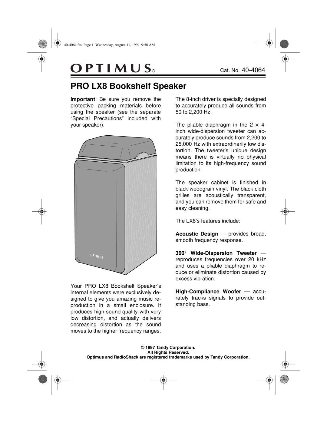Optimus manual PRO LX8 Bookshelf Speaker 