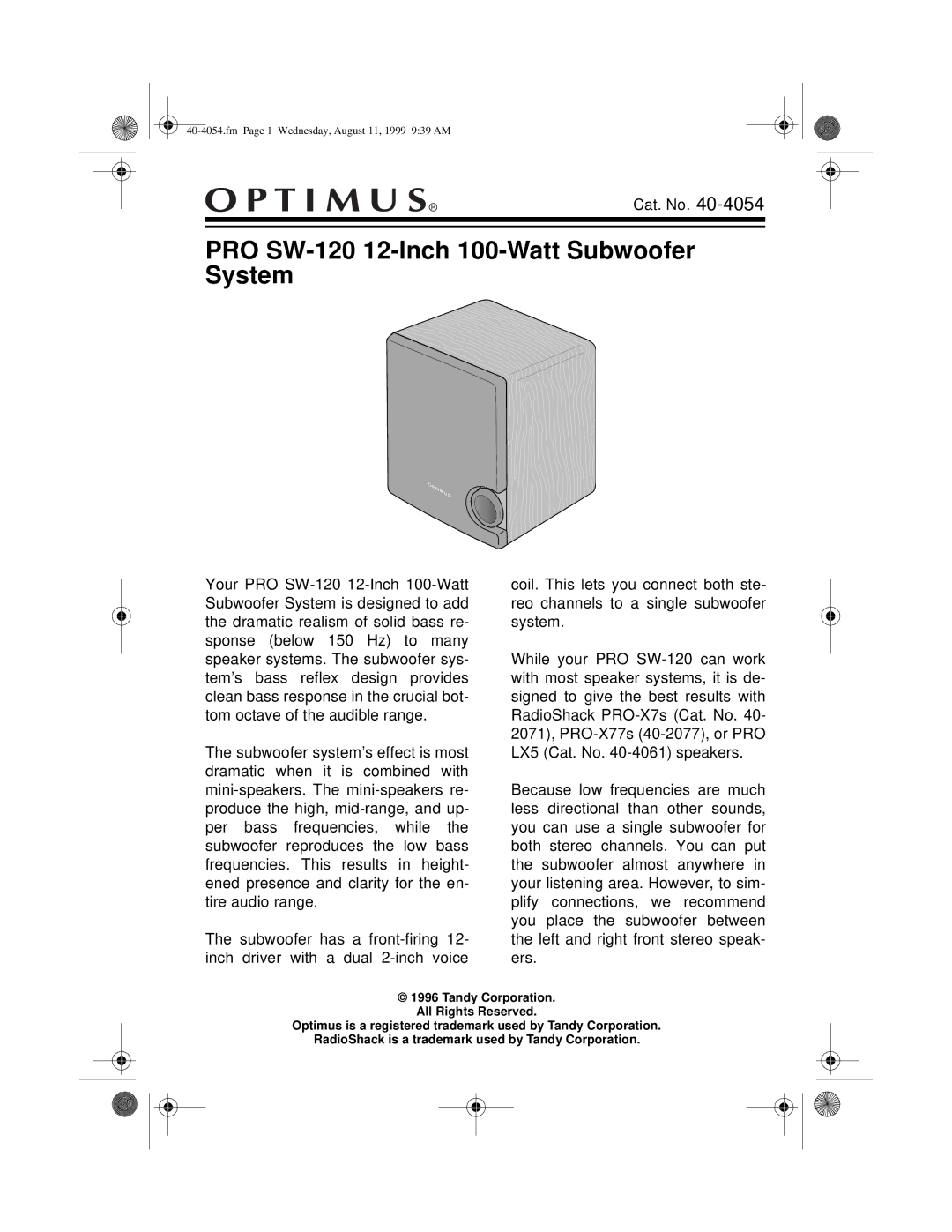 Optimus manual PRO SW-120 12-Inch 100-Watt Subwoofer System 