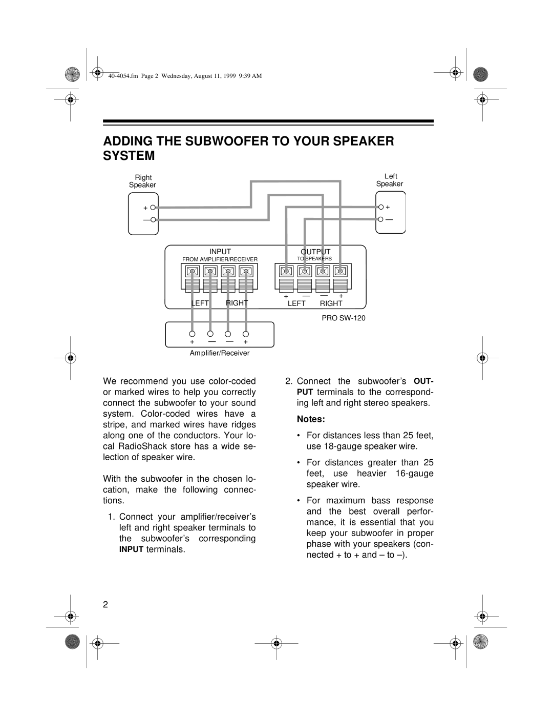 Optimus PRO SW-120 manual Adding the Subwoofer to Your Speaker System 