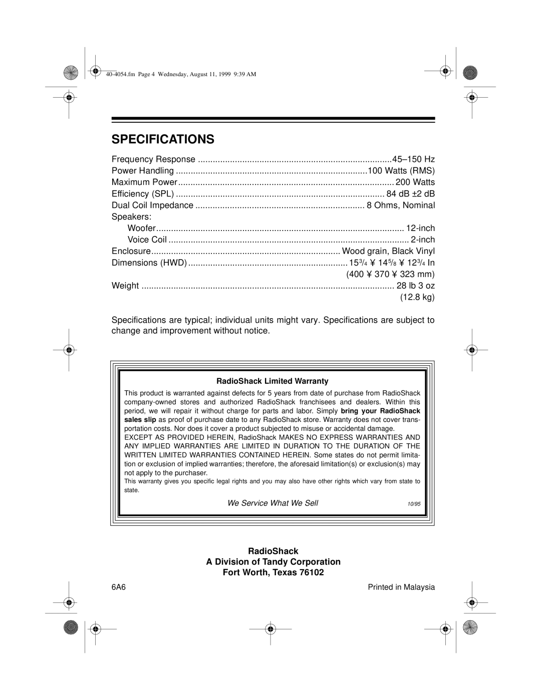 Optimus PRO SW-120 manual Specifications, RadioShack Limited Warranty 