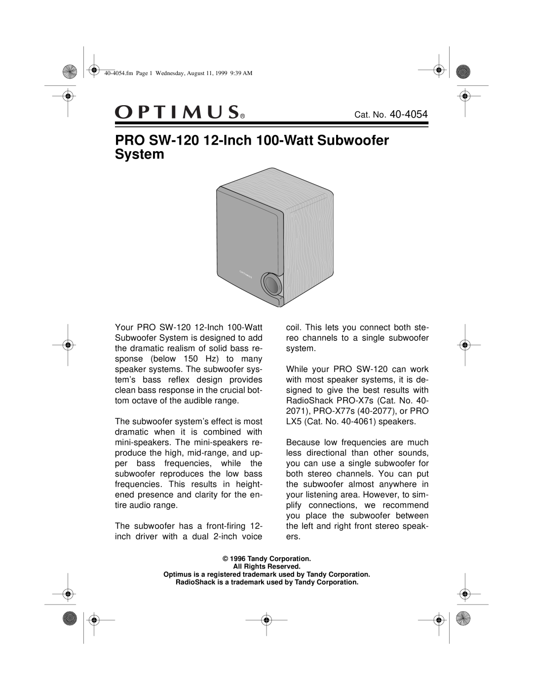 Optimus manual PRO SW-120 12-Inch 100-WattSubwoofer System 