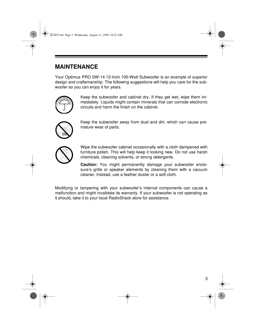 Optimus PRO SW-14 manual Maintenance 