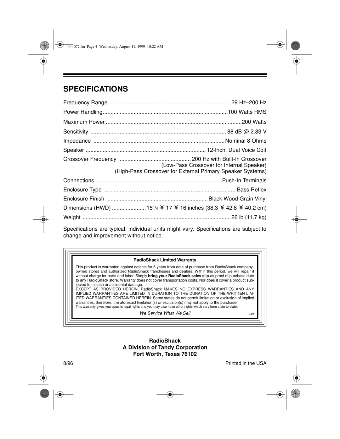 Optimus PRO SW-14 manual Specifications, RadioShack Limited Warranty 