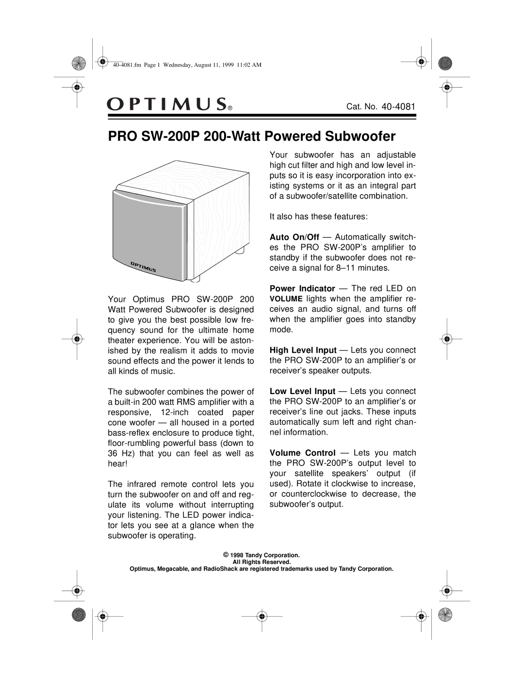 Optimus manual PRO SW-200P 200-Watt Powered Subwoofer 