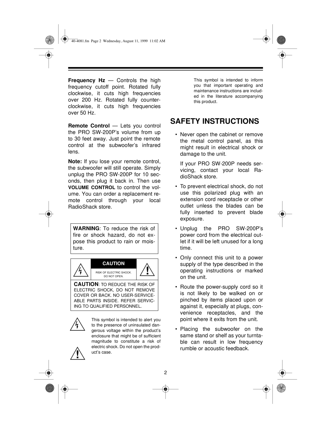 Optimus PRO SW-200P manual Safety Instructions 