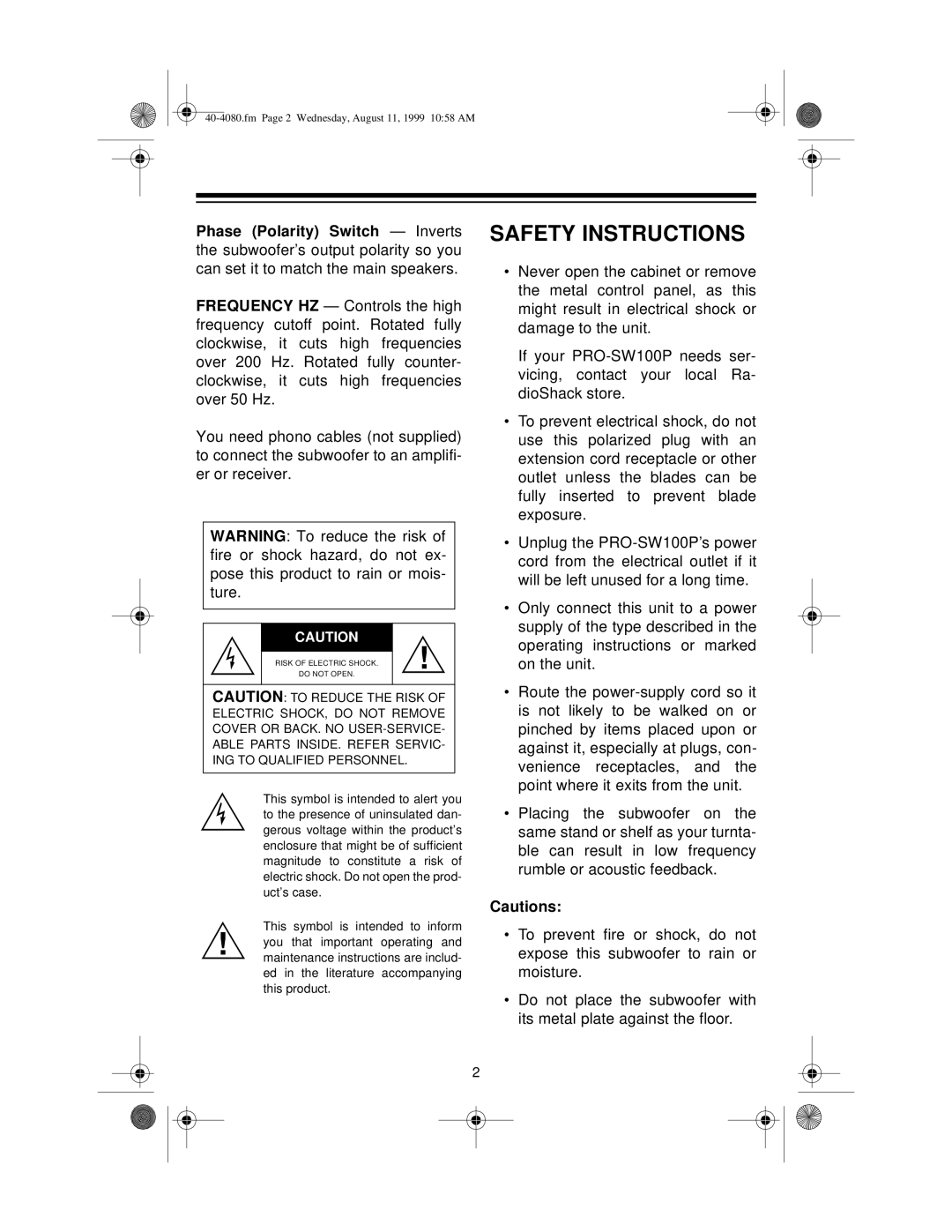 Optimus PRO-SW100P manual Safety Instructions 