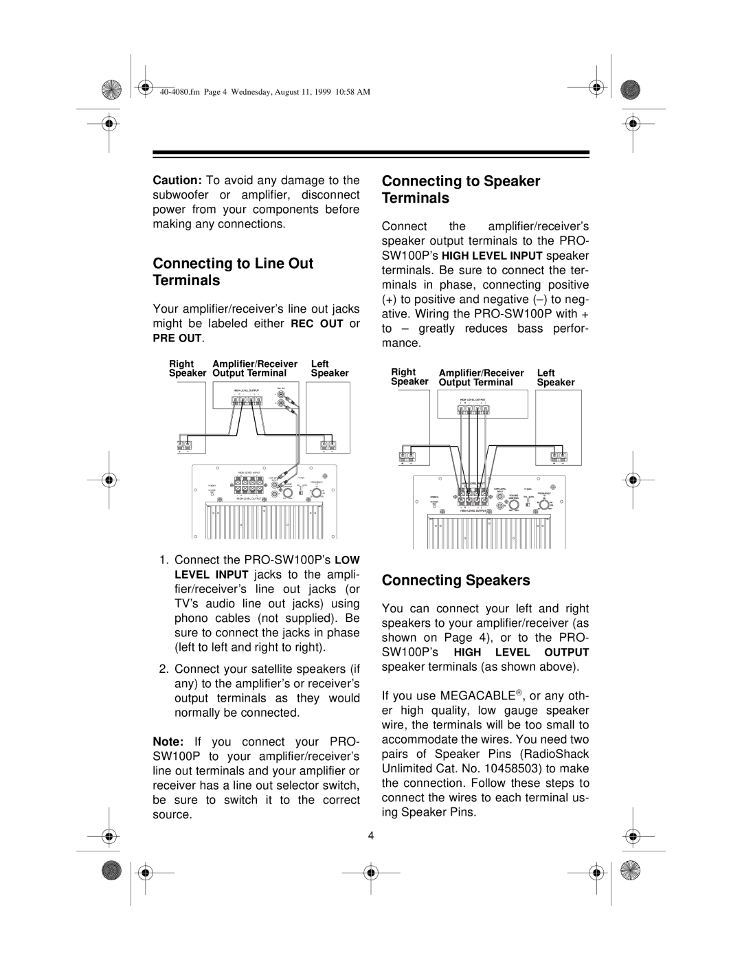 Optimus PRO-SW100P manual Connecting to Line Out Terminals 