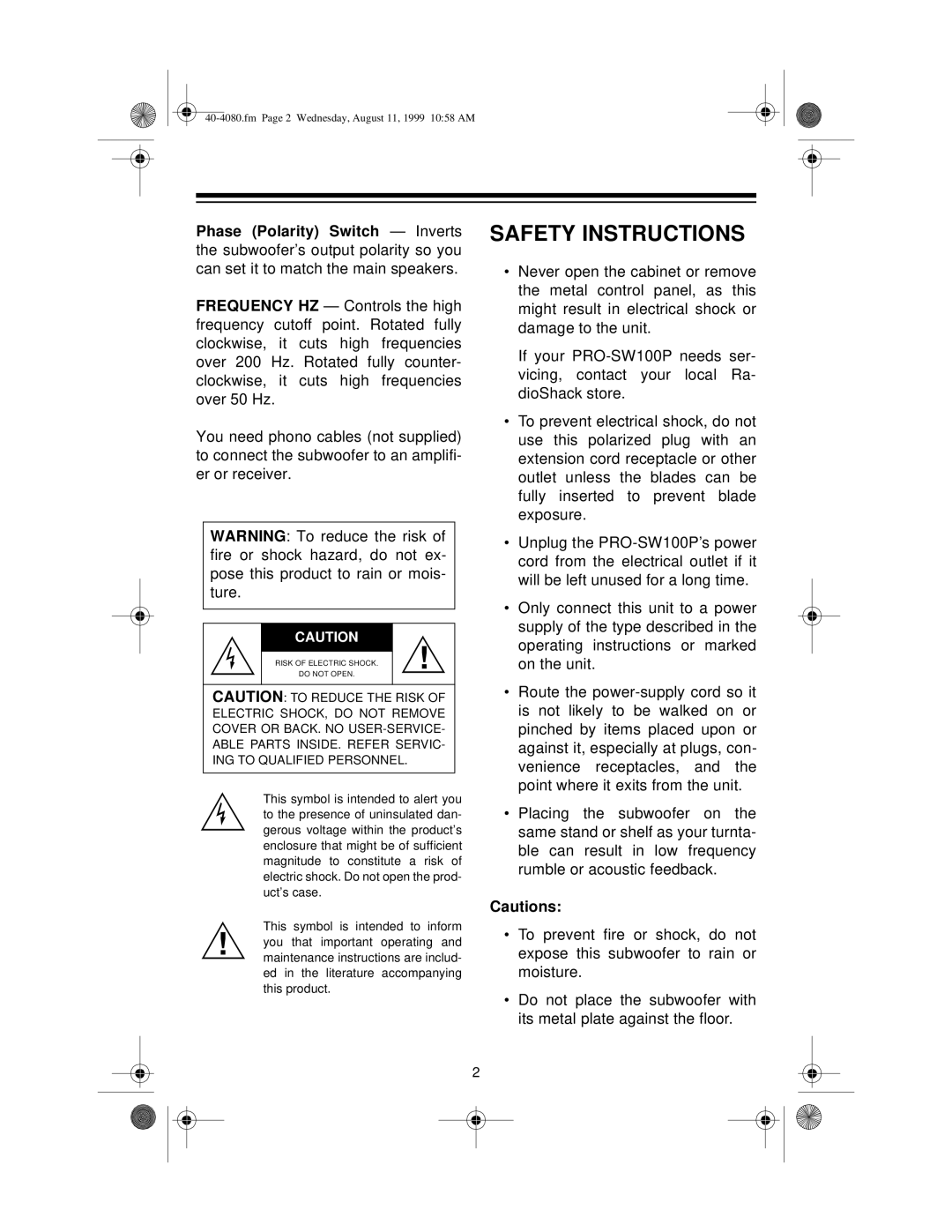 Optimus PRO-SW100P manual Safety Instructions, Cautions 