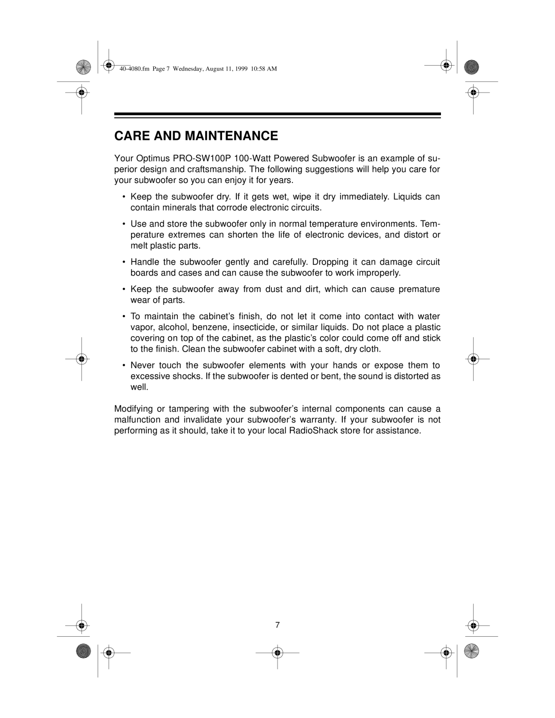 Optimus PRO-SW100P manual Care And Maintenance 